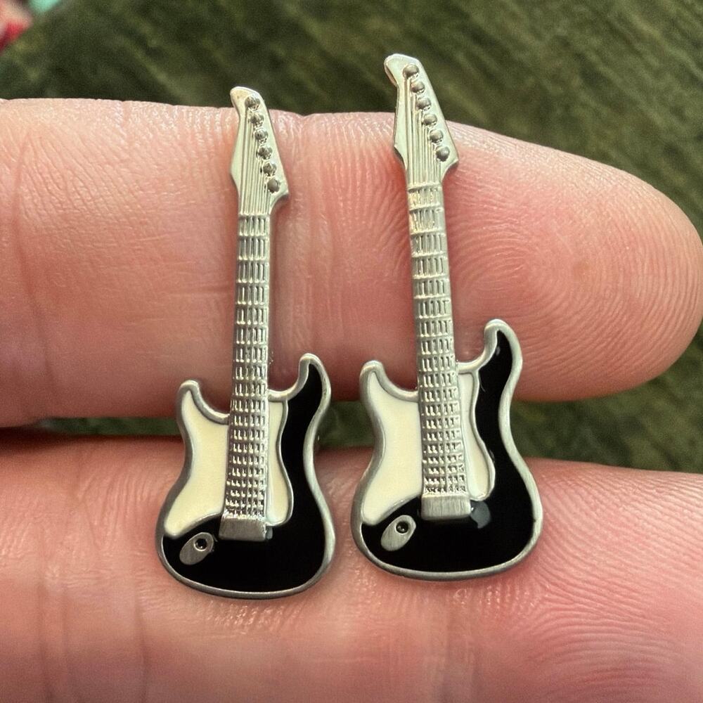 Electric guitar cufflinks  Black White Silver